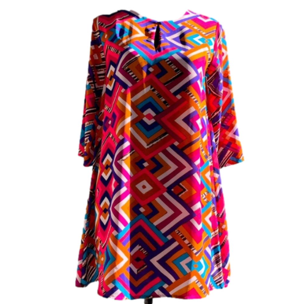 Everly Aztec Geometric Print Keyhole Back Zip Bright Boho 60’s Shift Dress
